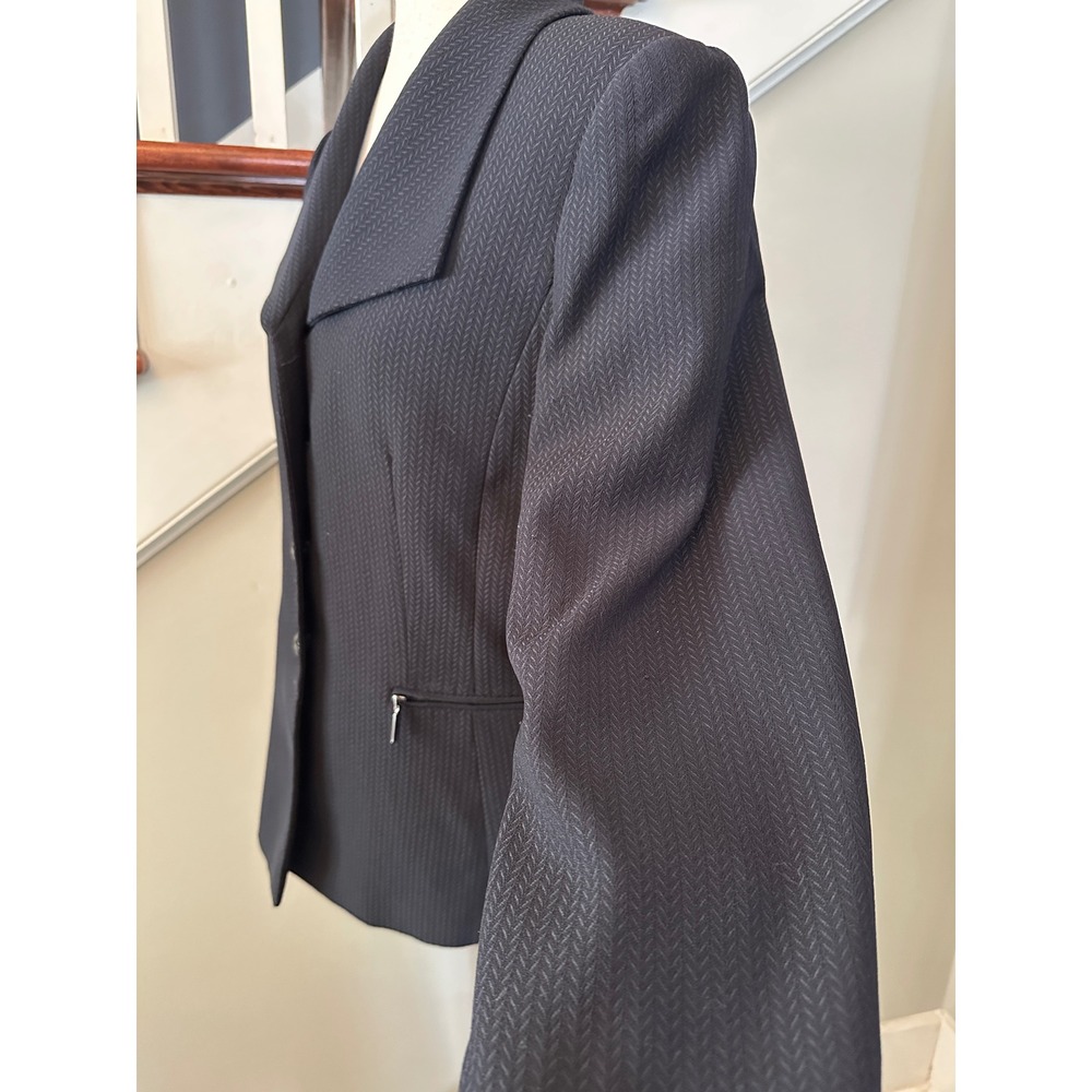 Vintage Tahari Levine Blazer 8 Black Herringbone Wide Collar Zip Pocket Jacket - Picture 5 of 15